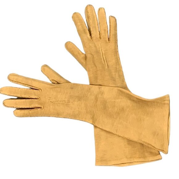 Vintage Mustard Suede Trapunto Stitching 13" Long Gloves Mustard #92L - Picture 1 of 5